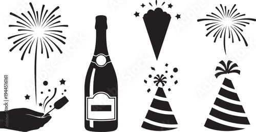 New Year's Eve Celebration Silhouette Icons Set Black White