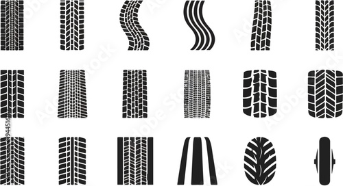 Collection of diverse tire tread patterns in black and white on a white background