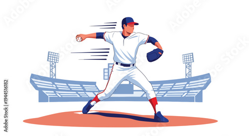 Modern vector illustration of baseball pitcher throwing fastball on professional field, dynamic sports performance and competitive game moment