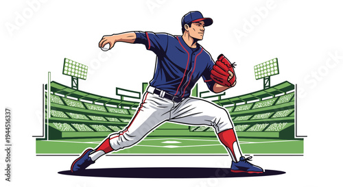 Modern vector illustration of baseball pitcher throwing fastball on professional field, dynamic sports performance and competitive game moment