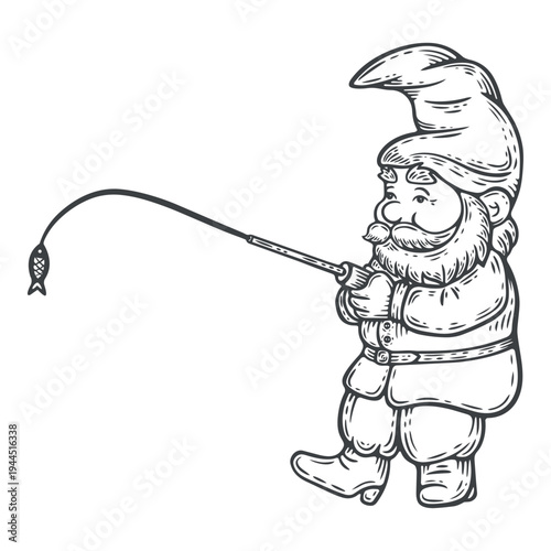 Garden gnome with fishing rod, lines, hand-drawn, black and white, graphic illustration, engraving isolated