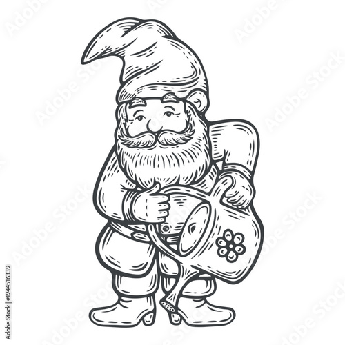 Garden gnome with watering can, lines, hand-drawn, black and white, graphic illustration, engraving isolated