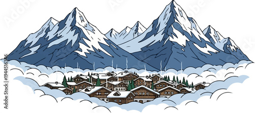 Snow-covered alpine village nestled among mountains, partially obscured by clouds