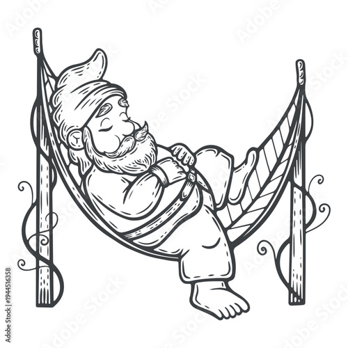 Garden gnome sleeping in leaf shaped hammock, lines, hand-drawn, black and white, graphic illustration, engraving isolated