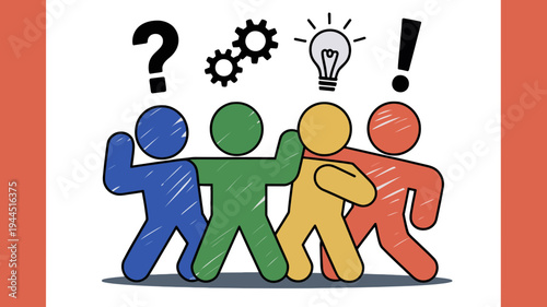 Four colorful stick figures stand united under symbols of shared thought, innovation, and resolve.