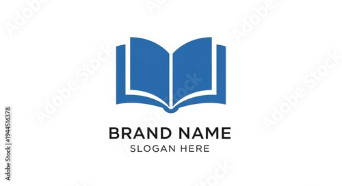 Open blue book logo with brand name and slogan placeholder on white background.