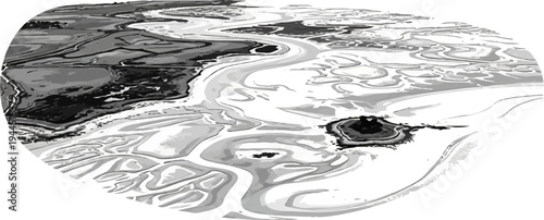 Aerial view of tidal flats with winding channels and a small island