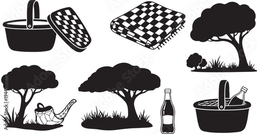 Picnic setup with trees and outdoor dining essentials illustration