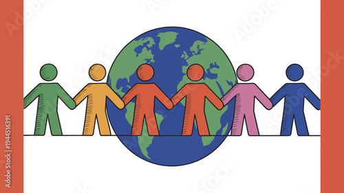 Six diverse stick figures hold hands around the globe, symbolizing international unity and connection.