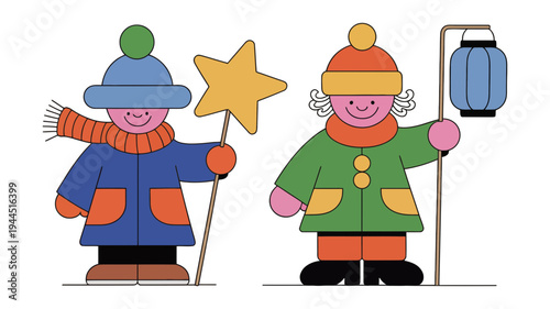 Two festive cartoon children dressed warmly for winter, holding a star wand and a lantern.