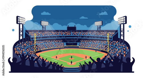 Modern vector illustration of packed baseball stadium with cheering crowd during championship match, vibrant sports atmosphere