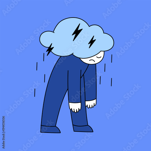 Emotional burnout concept. Exhausted person with storm cloud above head standing in rain. Symbol of emotional burnout, depression and mental fatigue. Mental health concept. Flat vector illustration.