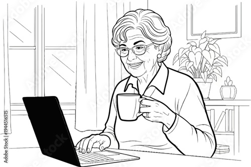 Smiling senior woman using laptop and holding a mug in a cozy room