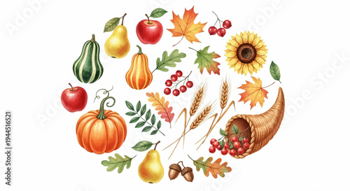 Autumn harvest bounty arranged in a circular design, featuring fruits and gourds