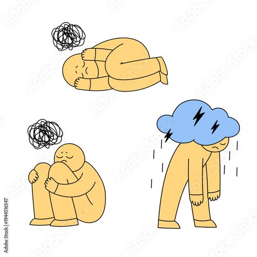 Depression emotional states set. Set of depressed person illustrations showing different emotional states such as sadness, anxiety and emotional exhaustion. 