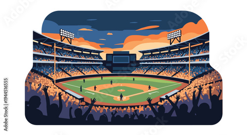 Modern vector illustration of packed baseball stadium with cheering crowd during championship match, vibrant sports atmosphere