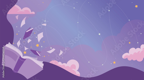 Reading Imagination Concept with Open Book Floating in Dreamy Sky