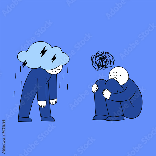 Depression emotional states set. Set of depressed person illustrations showing different emotional states such as sadness, anxiety and emotional exhaustion. 