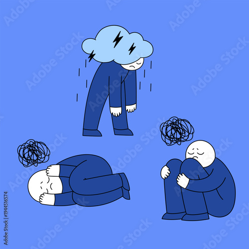 Depression emotional states set. Set of depressed person illustrations showing different emotional states such as sadness, anxiety and emotional exhaustion. 