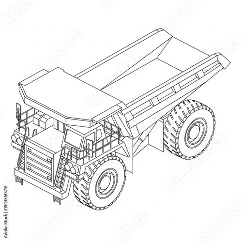 Isometric line drawing of a large mining dump truck, a heavy-duty vehicle used in construction and excavation.