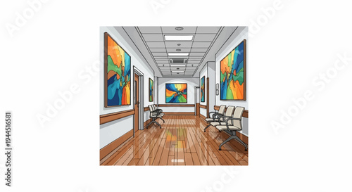 Brightly colored abstract art adorns walls of a contemporary waiting area