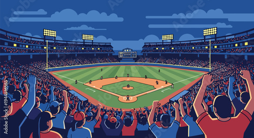 Modern vector illustration of packed baseball stadium with cheering crowd during championship match, vibrant sports atmosphere