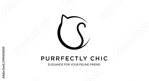 Minimalist logo design featuring a stylized cat silhouette with the text "PURRFECTLY CHIC" and tagline "Elegance for your feline friend" on a white background.