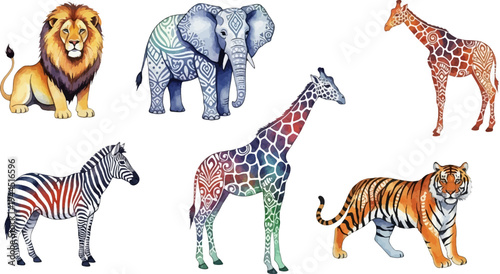 Six patterned African savanna animals depicted in watercolor style