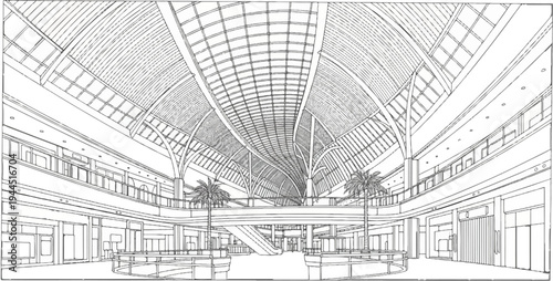 Interior view of a modern shopping mall with a large arched glass ceiling
