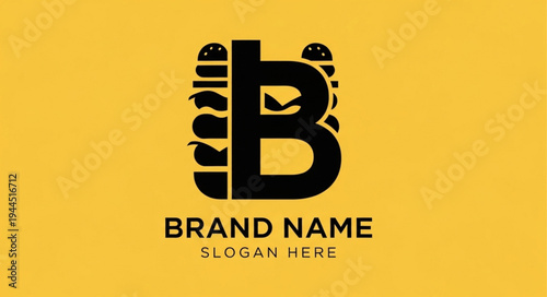 Modern and creative logo design for a burger brand, featuring the letter B integrated with burger elements on a yellow background.