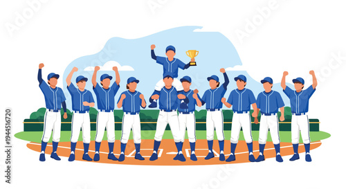 Modern vector illustration of youth baseball team celebrating victory on outdoor field, joyful sports teamwork moment
