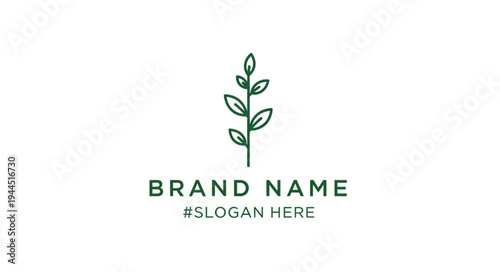 Minimalist green branch logo with text for brand name and slogan, representing nature and growth.