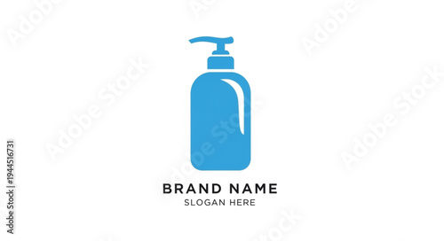 Simple blue icon of a pump bottle with text placeholders for brand name and slogan.