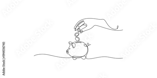 Continuous line drawing of hand putting coins into a piggy bank saving money finance economy