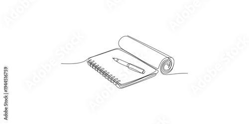 A line drawing of a spiral notebook and pen with a rolled up paper stationery