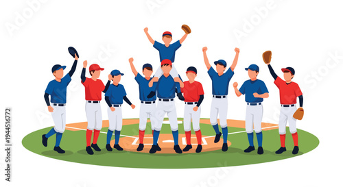 Modern vector illustration of youth baseball team celebrating victory on outdoor field, joyful sports teamwork moment