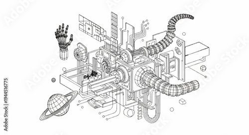 Intricate mechanical assembly with planetary and skeletal hand elements