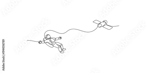 Astronaut in space with tether and satellite spacewalk eva extravehicular activity suit exploration travel cosmonaut