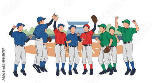 Modern vector illustration of youth baseball team celebrating victory on outdoor field, joyful sports teamwork moment