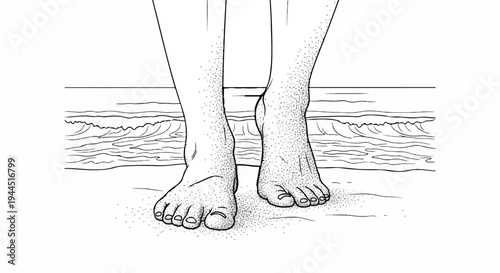 Bare feet stand in sand near ocean waves, black and white outline