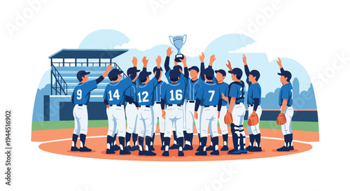 Modern vector illustration of youth baseball team celebrating victory on outdoor field, joyful sports teamwork moment