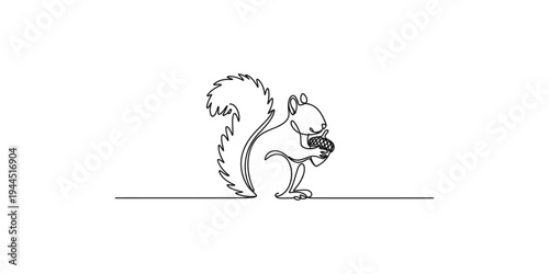 A cute cartoon line art illustration of a squirrel holding a pine cone animal wildlife