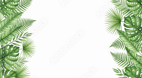 Lush tropical foliage borders a white background with vibrant green leaves