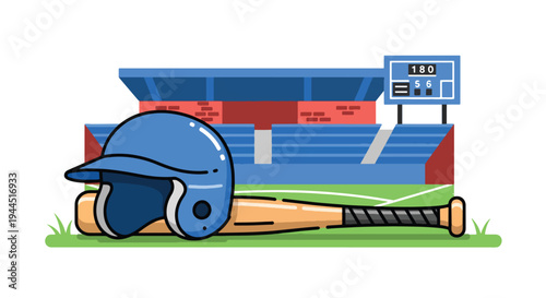 Modern vector illustration of baseball helmet bat and ball placed on grass field before competitive match