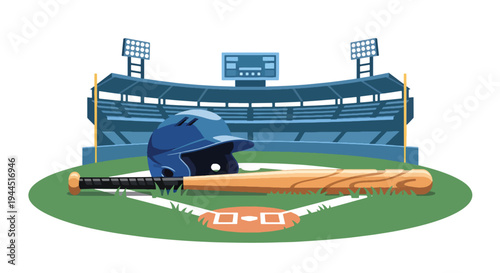Modern vector illustration of baseball helmet bat and ball placed on grass field before competitive match