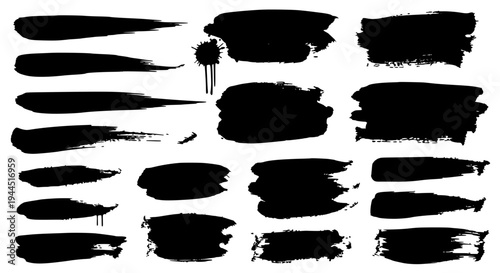 Brushstrokes black vector set with grunge effects and abstract shapes, artistic strokes featuring illustration, design,