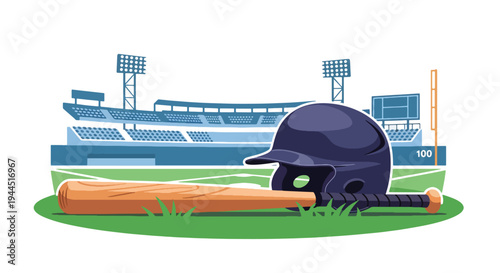 Modern vector illustration of baseball helmet bat and ball placed on grass field before competitive match