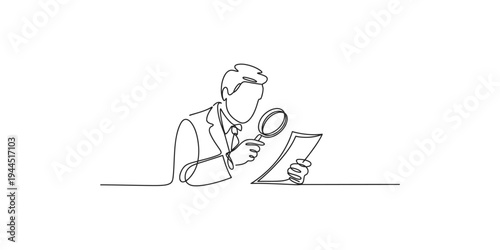 Businessman using magnifying glass to inspect document closely inspection close-up examining paper studying analysis investigation