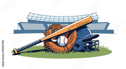 Modern vector illustration of baseball helmet bat and ball placed on grass field before competitive match