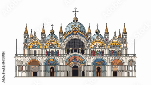 Ornate, classical building facade with multiple domes, spires, and mosaic-like depictions